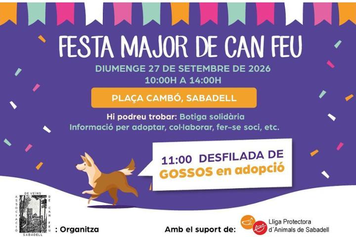 Tornem al carrer per a donar a conèixer els nostres peluts, aquesta vegada al Barri de Can Feu, on participem en la seva Festa Major en la Plaça Cambó en Sabadell el diumenge 27.9. de 10-14h.<br><br> <br><br>Tindrem una botiga solidària on podeu comprar els nostres calendaris per a 2027, la nostra loteria de nadal i moltes cosetes boniques amb les quals ajudeu a millorar les condicions dels gossos i gats que estan vivint al refugi.<br><br> <br><br>A més, alguns dels nostres gossos desfilaran a les 11h perquè els pugueu conèixer i enamorar-vos.<br><br>Us esperem a tots!<br><br>